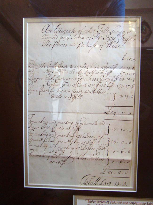 A rare inventory of 'Table Linens' desired by Their Royal Highnesses the Prince and Princess of Wales dated June 23, 1721 — image 2